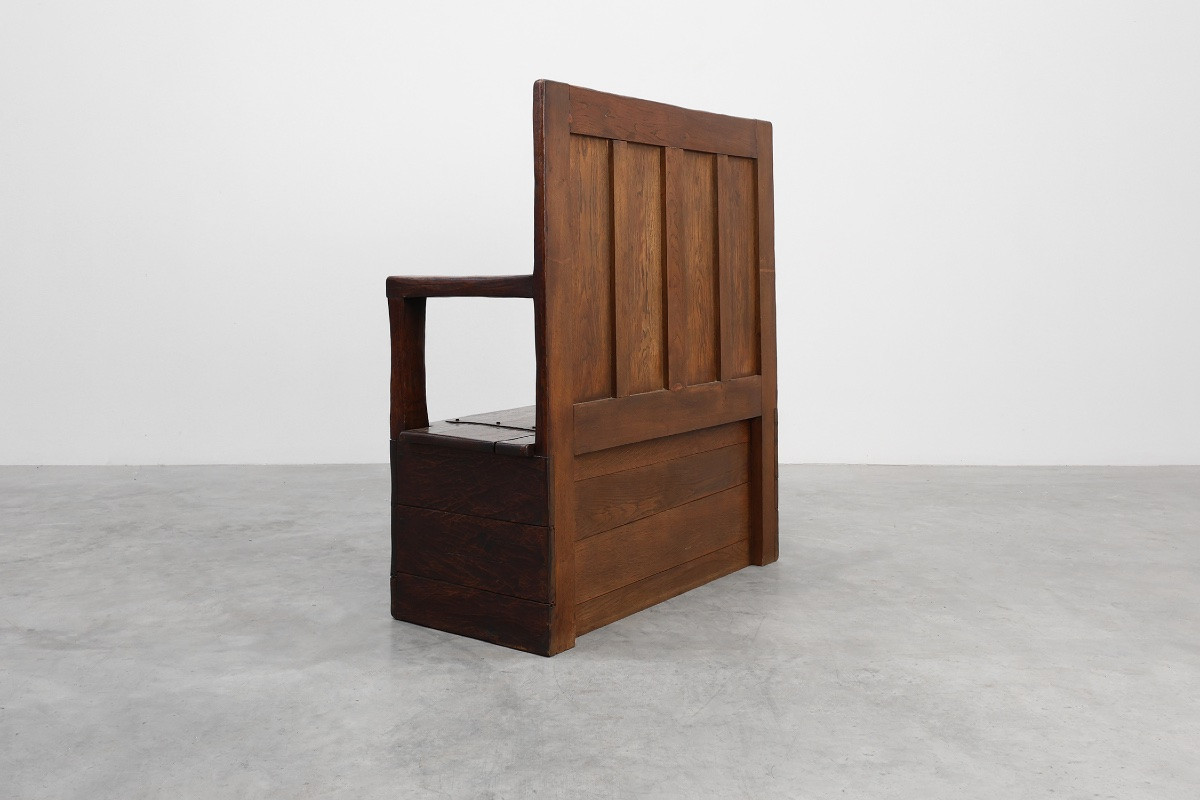 Rustic Bench In Solid Carved Oak With Storage Compartment, France, 19th Century-photo-6