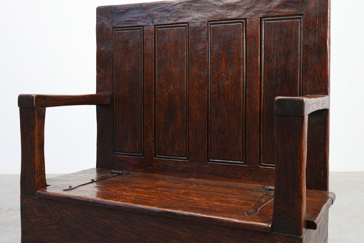 Rustic Bench In Solid Carved Oak With Storage Compartment, France, 19th Century-photo-7