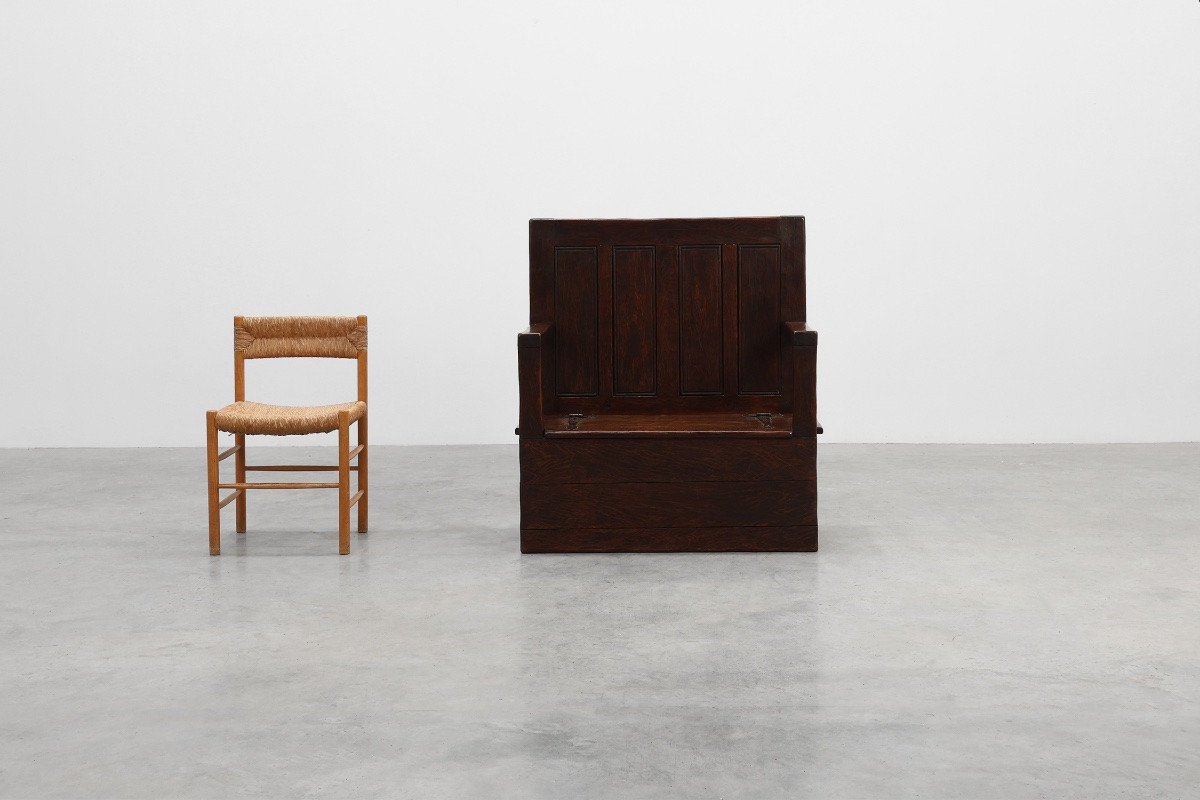 Rustic Bench In Solid Carved Oak With Storage Compartment, France, 19th Century-photo-8