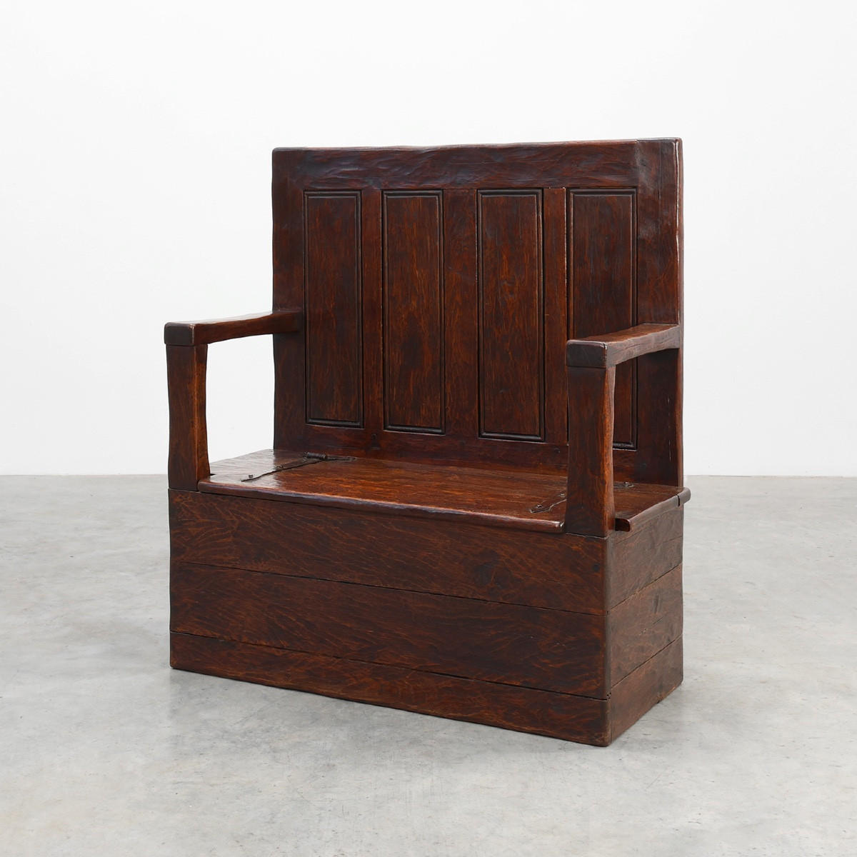 Rustic Bench In Solid Carved Oak With Storage Compartment, France, 19th Century