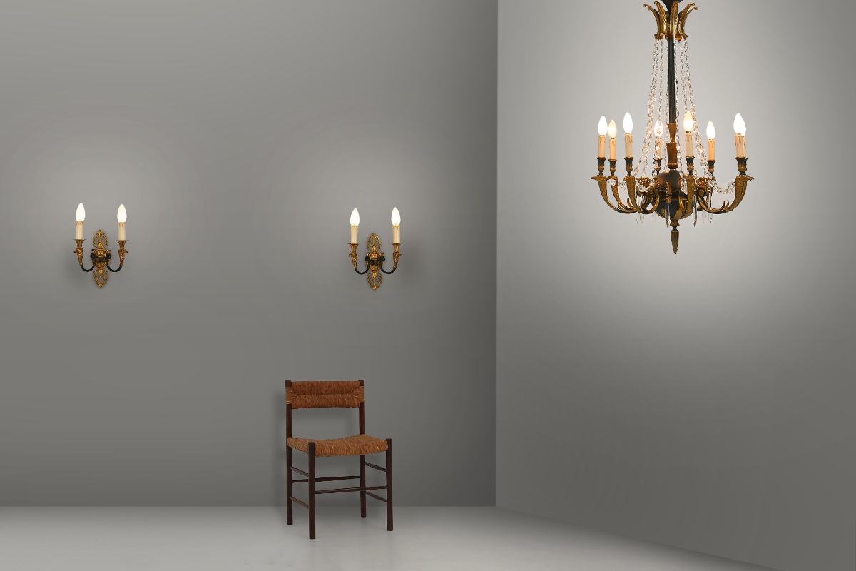 Large Empire Bronze Chandelier With 2 Wall Sconces, Belgium, 1950s, Set Of 3-photo-2