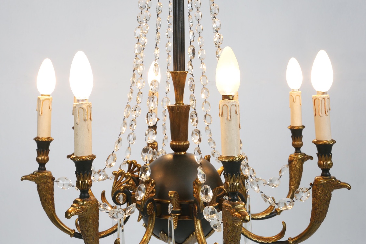 Large Empire Bronze Chandelier With 2 Wall Sconces, Belgium, 1950s, Set Of 3-photo-3