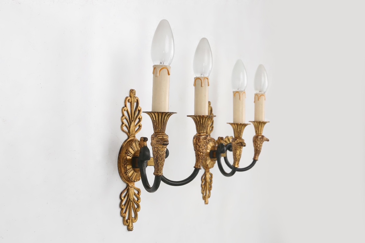 Large Empire Bronze Chandelier With 2 Wall Sconces, Belgium, 1950s, Set Of 3-photo-4