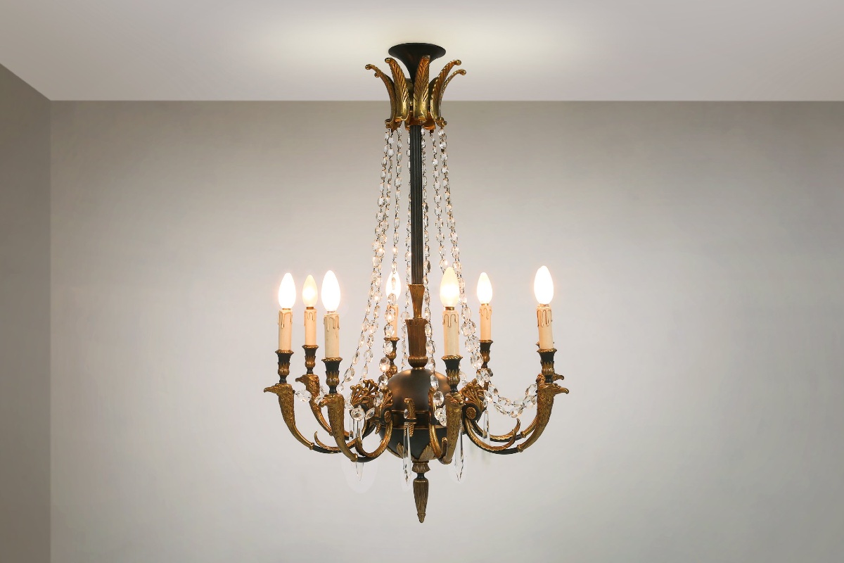 Large Empire Bronze Chandelier With 2 Wall Sconces, Belgium, 1950s, Set Of 3-photo-1