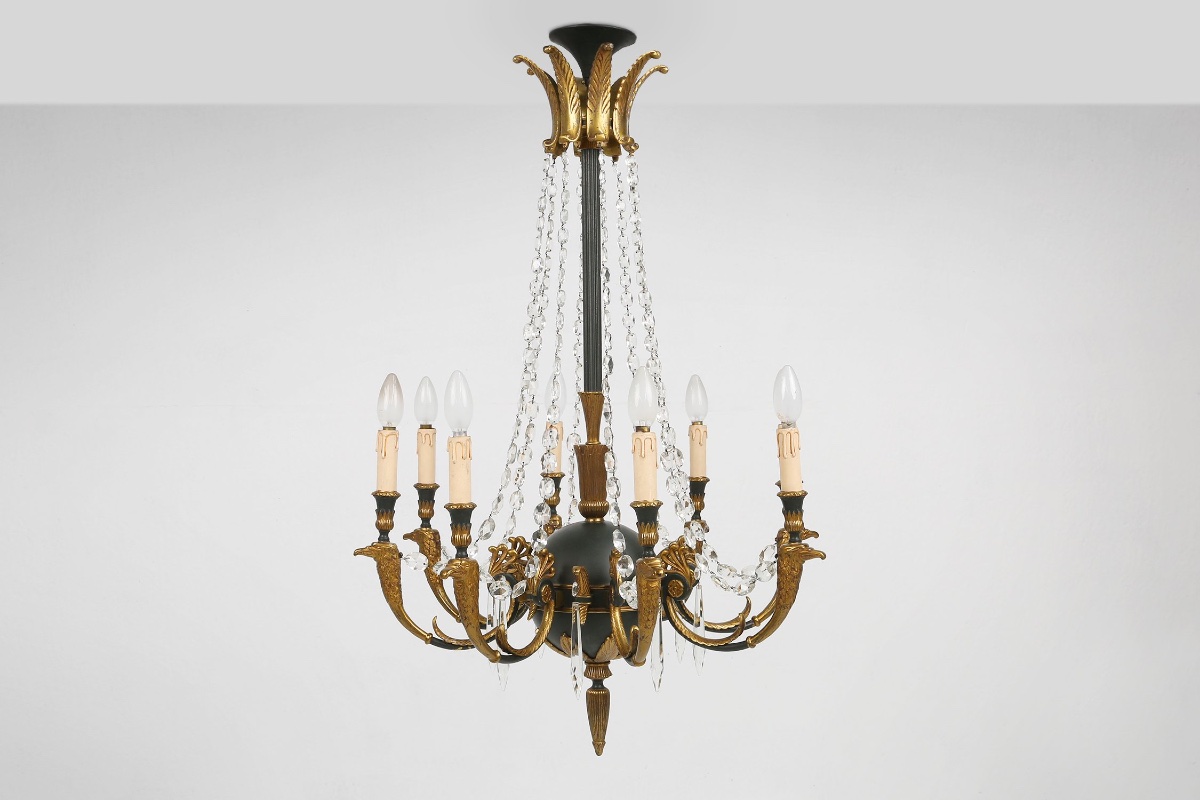 Large Empire Bronze Chandelier With 2 Wall Sconces, Belgium, 1950s, Set Of 3-photo-2
