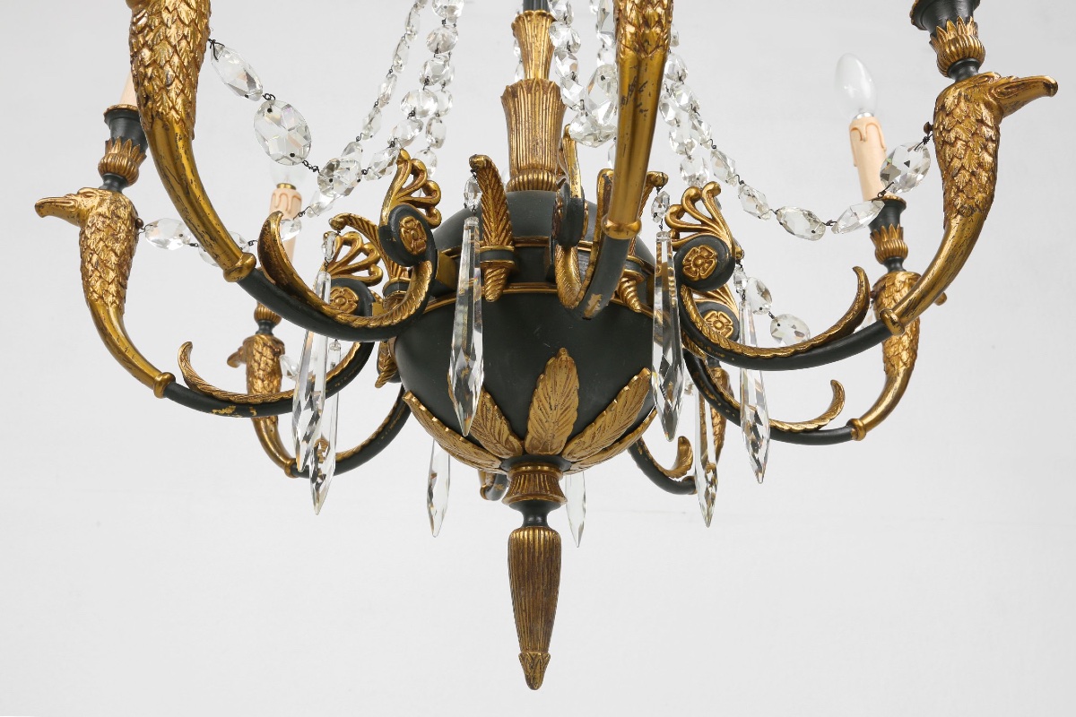 Large Empire Bronze Chandelier With 2 Wall Sconces, Belgium, 1950s, Set Of 3-photo-3