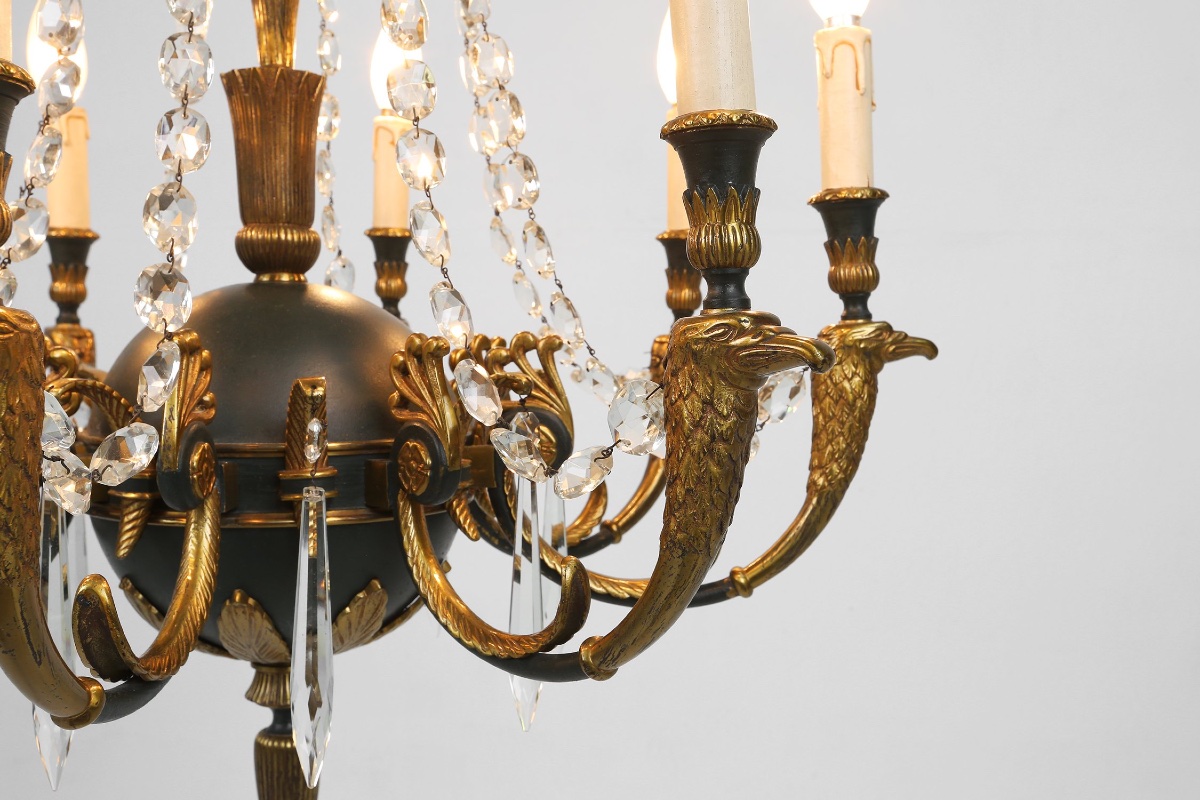 Large Empire Bronze Chandelier With 2 Wall Sconces, Belgium, 1950s, Set Of 3-photo-4