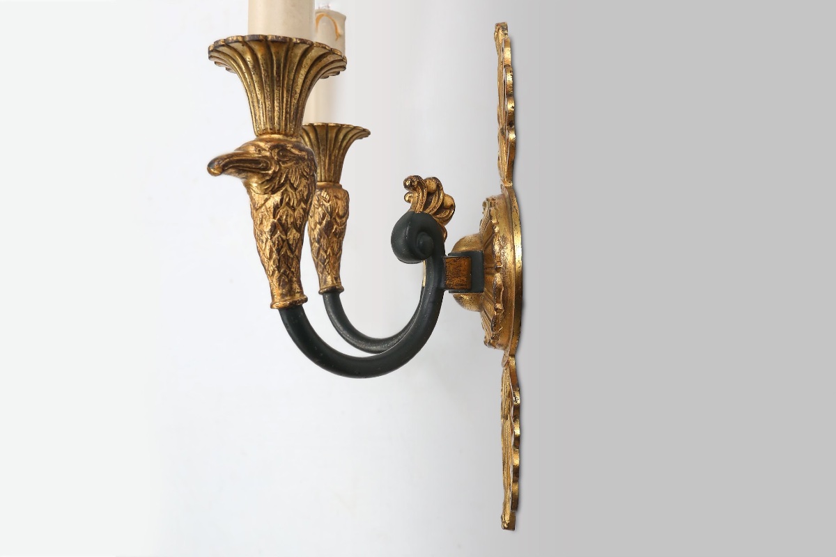 Large Empire Bronze Chandelier With 2 Wall Sconces, Belgium, 1950s, Set Of 3-photo-7