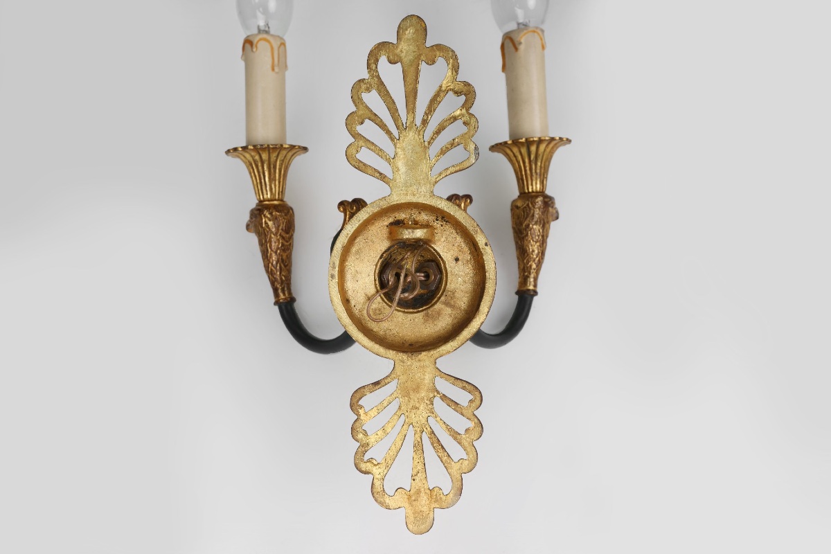 Large Empire Bronze Chandelier With 2 Wall Sconces, Belgium, 1950s, Set Of 3-photo-8