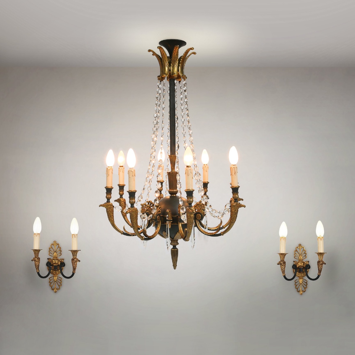 Large Empire Bronze Chandelier With 2 Wall Sconces, Belgium, 1950s, Set Of 3