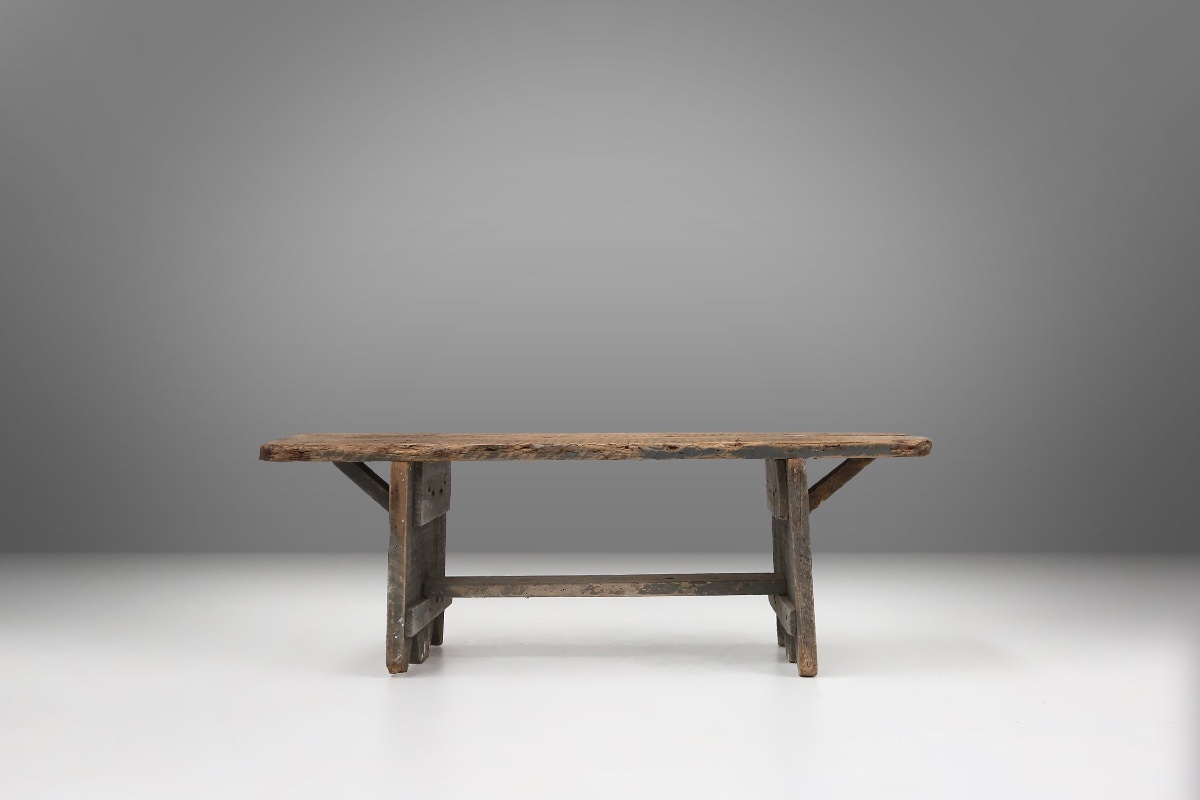 Grey Solid Wood Industrial Bench, France, 1890s-photo-1
