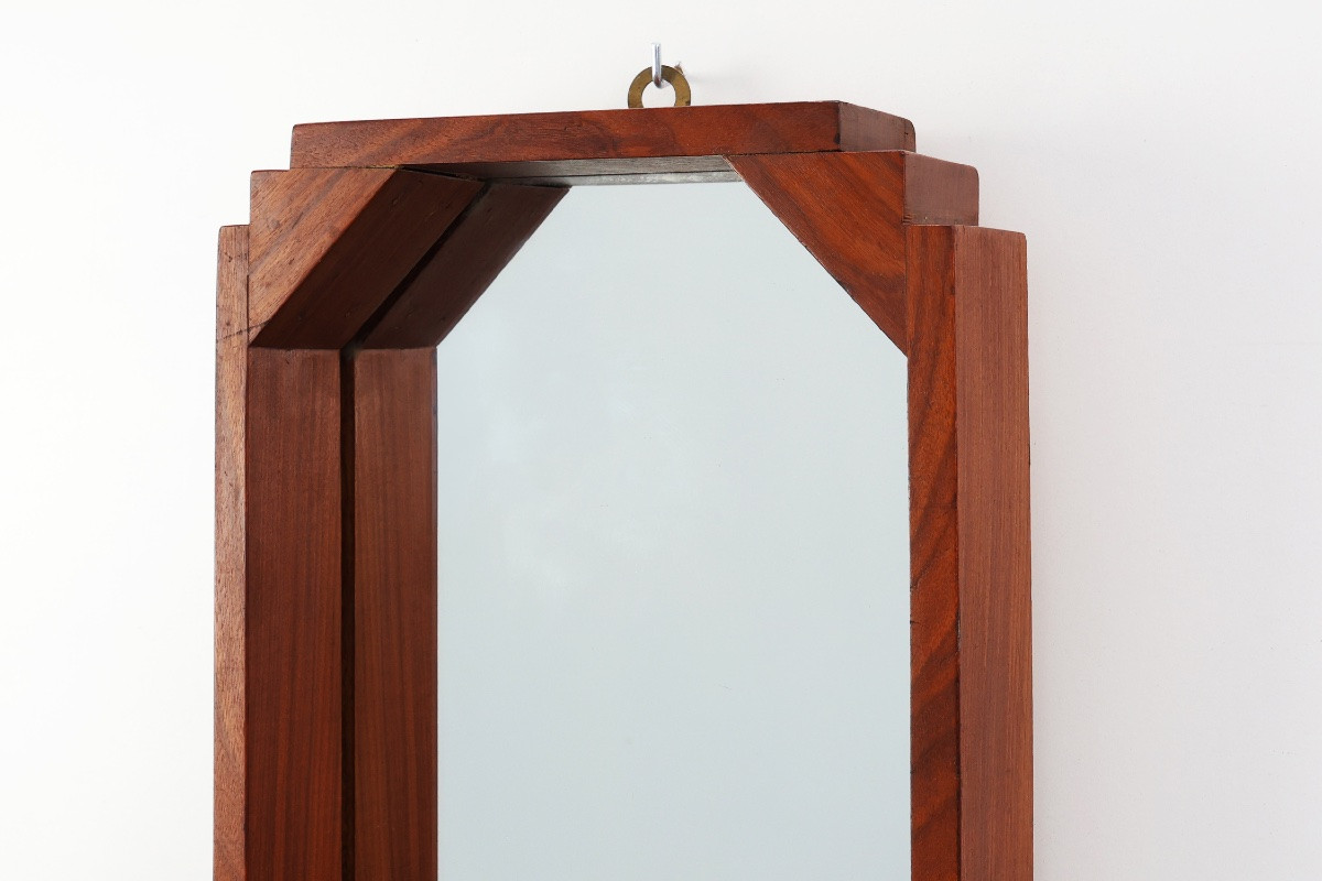 Octagonal Geometric Art Deco Wooden Mirror, Italy Circa 1925-photo-3