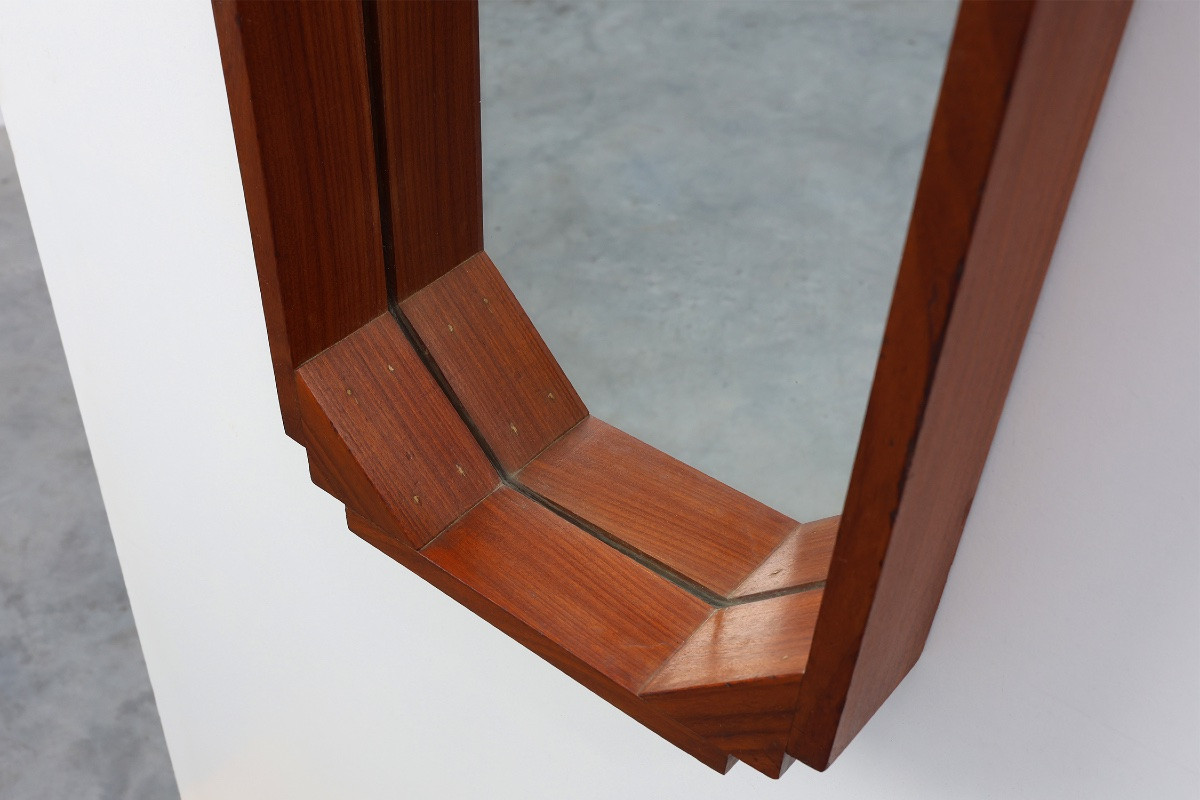 Octagonal Geometric Art Deco Wooden Mirror, Italy Circa 1925-photo-4