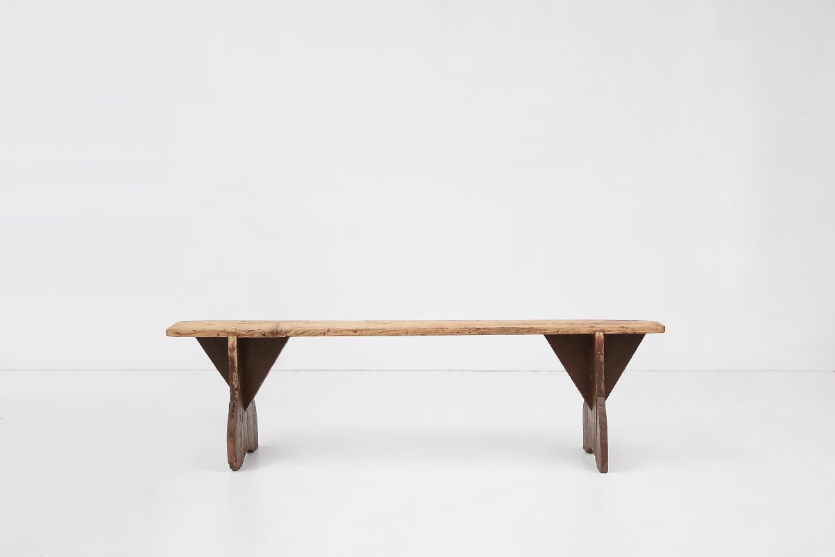 Banc rustique en bois avec pieds peints en brun, France, années 1890-photo-4
