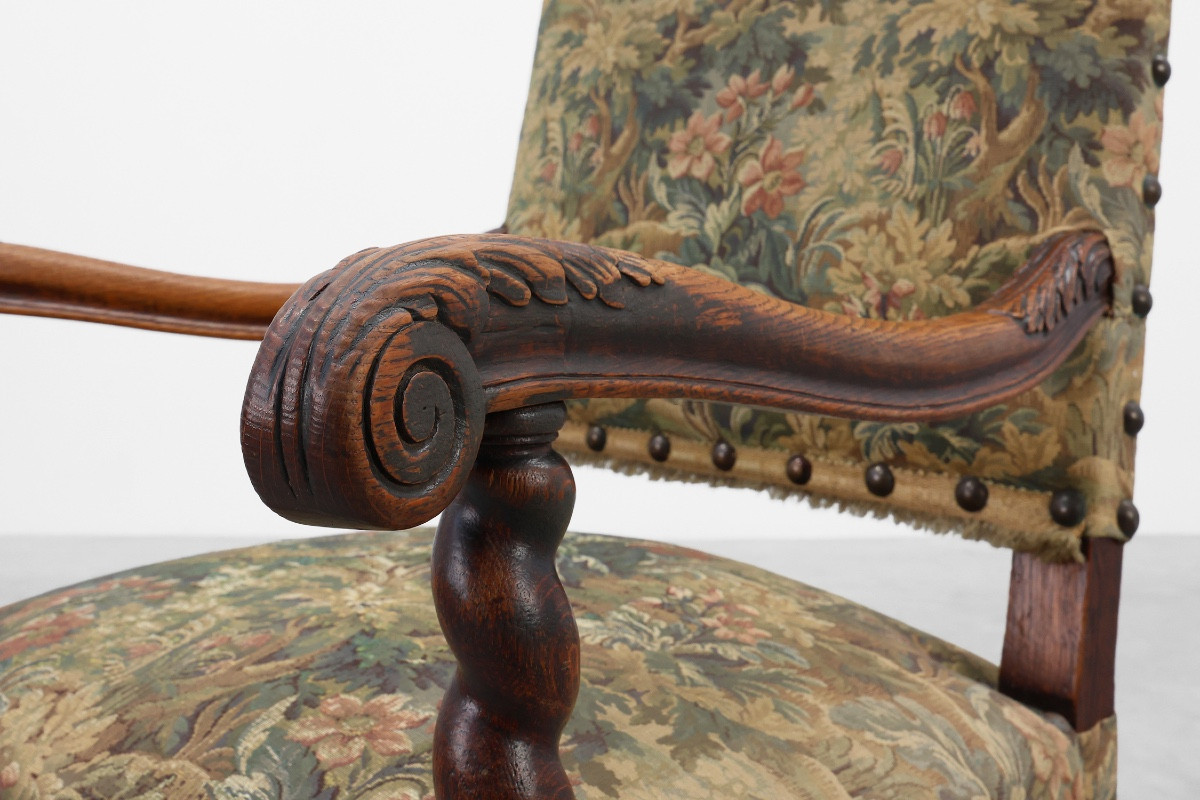 Antique Armchair In Walnut With Tapestry Upholstery, Uk 17th Century-photo-3