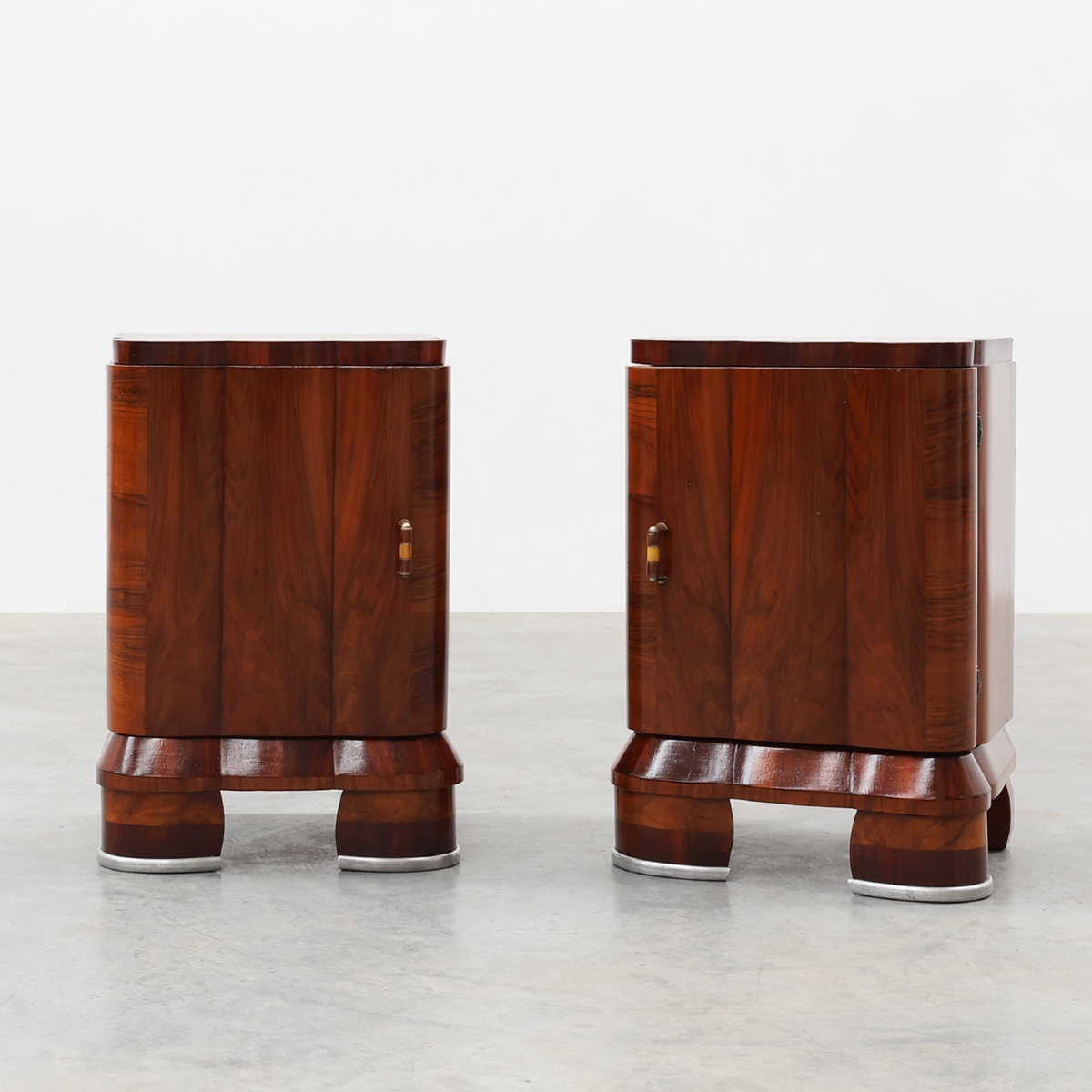 Pair Of Art Deco Walnut Bedside Tables, Italy, 1920s