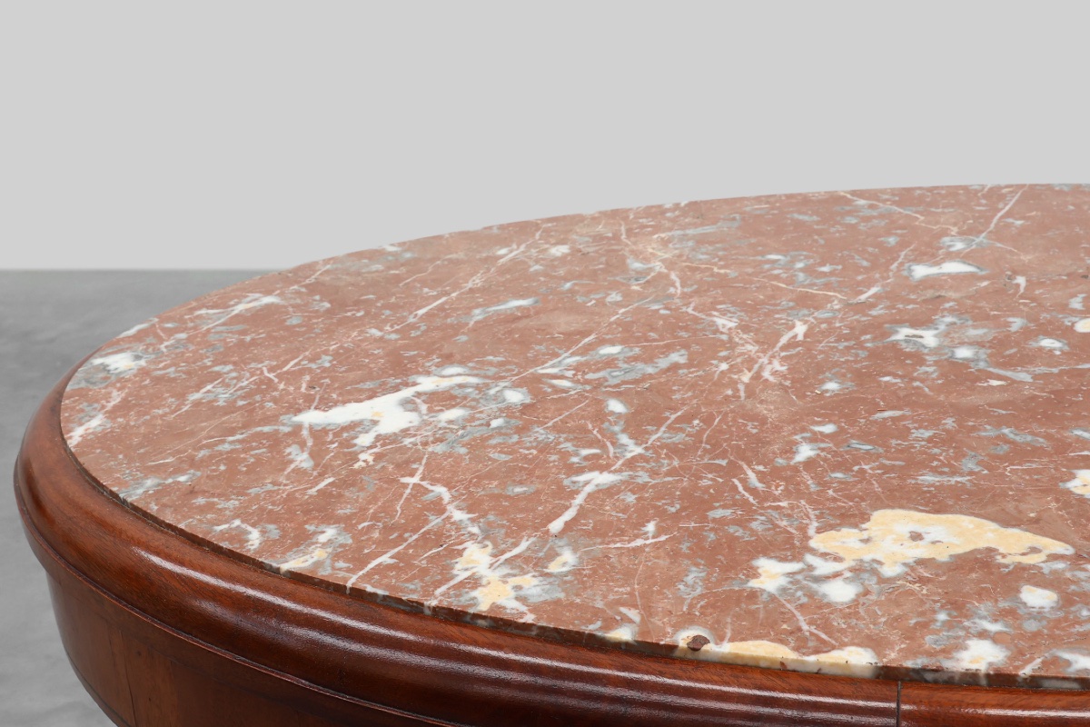 Table d'appoint ovale Art Déco en noyer avec plateau en marbre, par De Coene, Belgique-photo-3