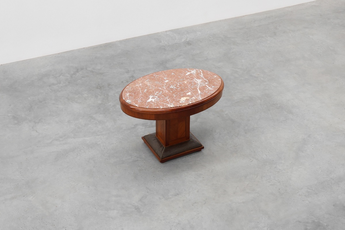Table d'appoint ovale Art Déco en noyer avec plateau en marbre, par De Coene, Belgique-photo-7