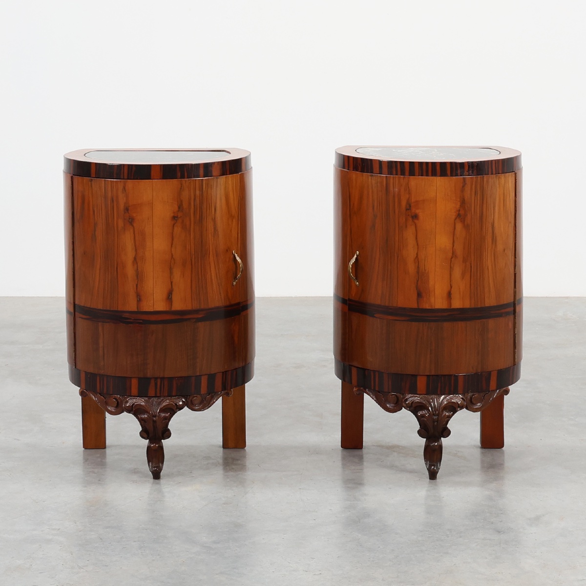 Pair Of Art Deco Walnut And Marble Bedside Tables, Italy, 1920s
