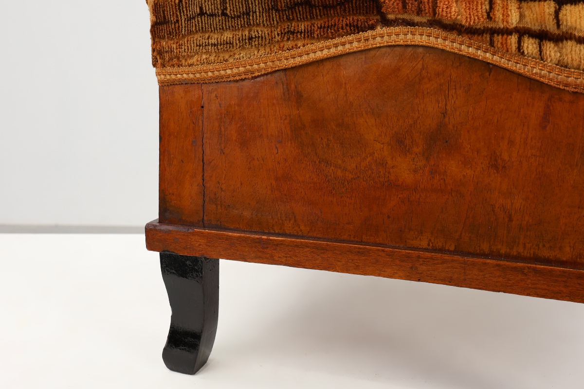Pair Of Art Deco Walnut Stools With Original Velvet, Italy 1920s-photo-2