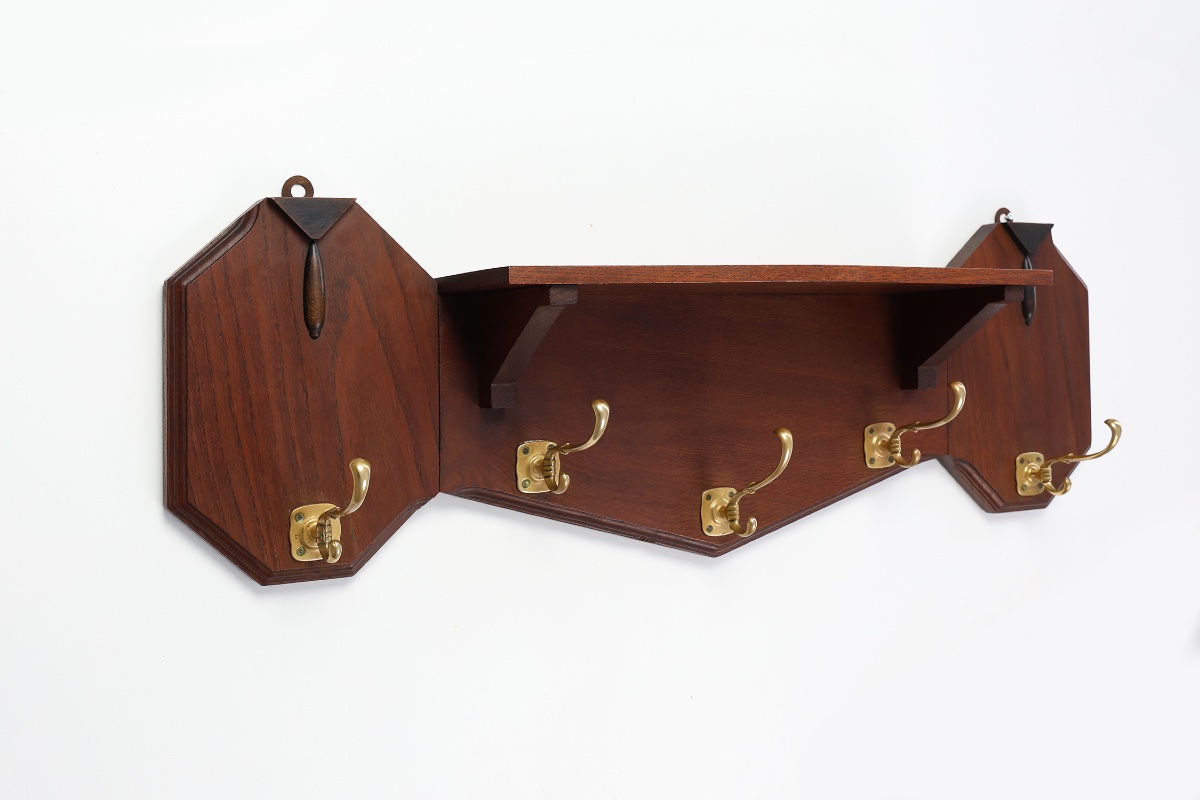 Art Deco Oak And Copper Coat Rack, Belgium, 1920s-photo-1