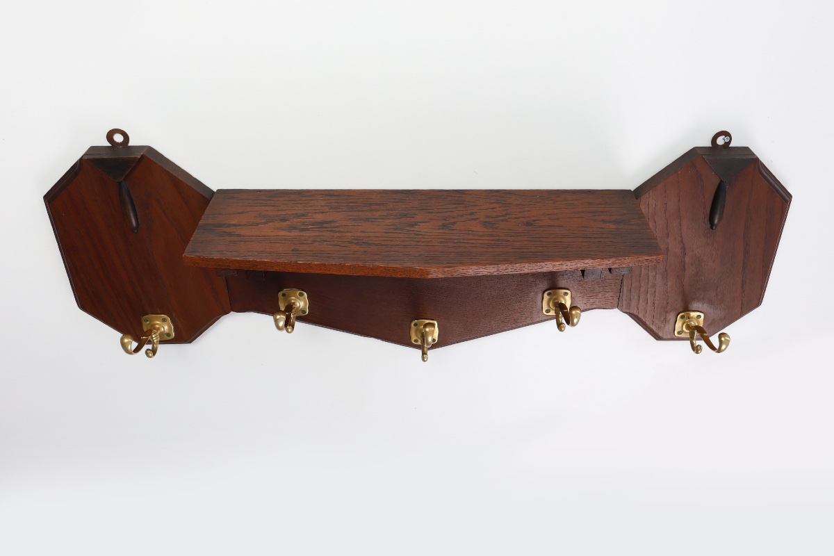 Art Deco Oak And Copper Coat Rack, Belgium, 1920s-photo-5