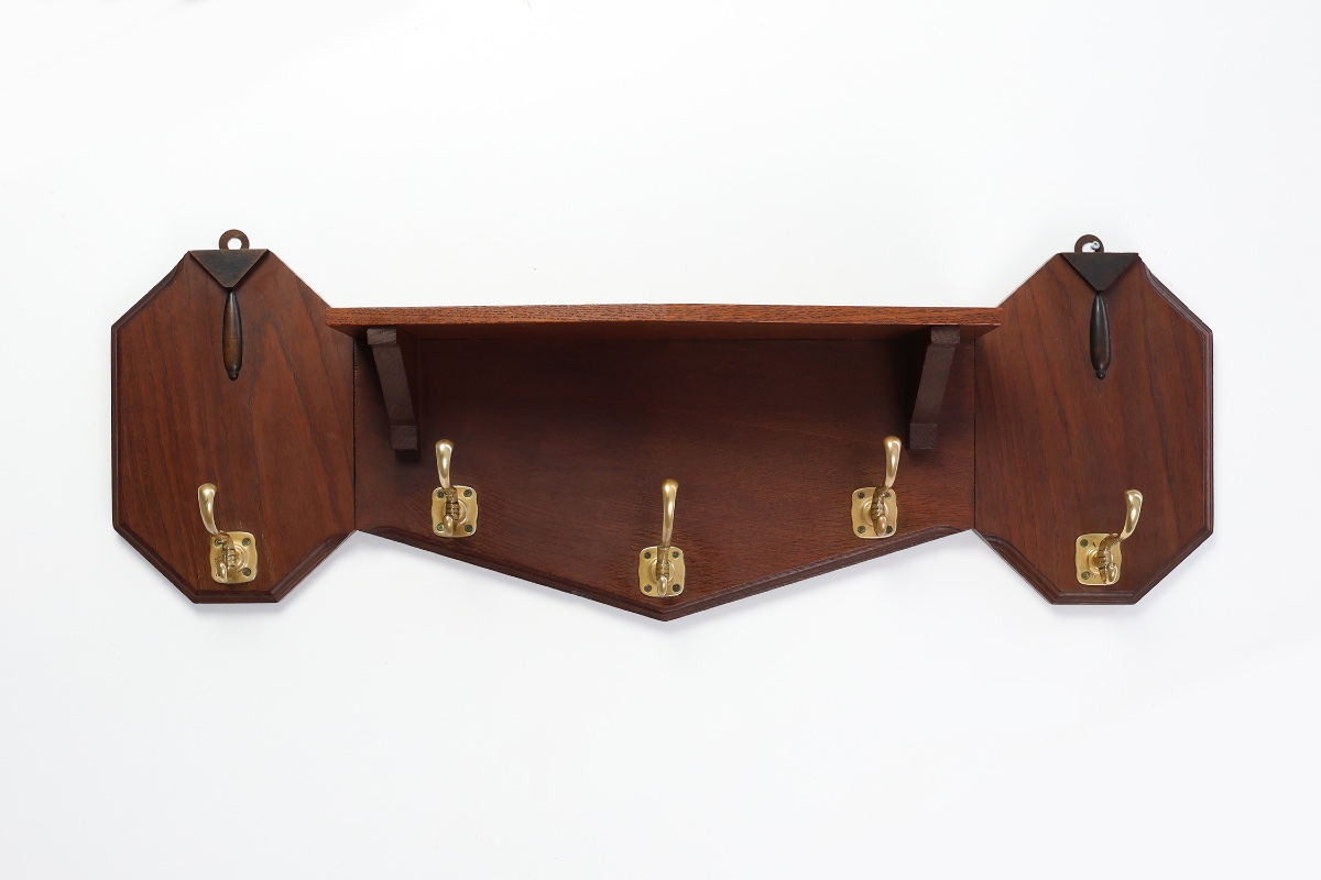 Art Deco Oak And Copper Coat Rack, Belgium, 1920s-photo-7