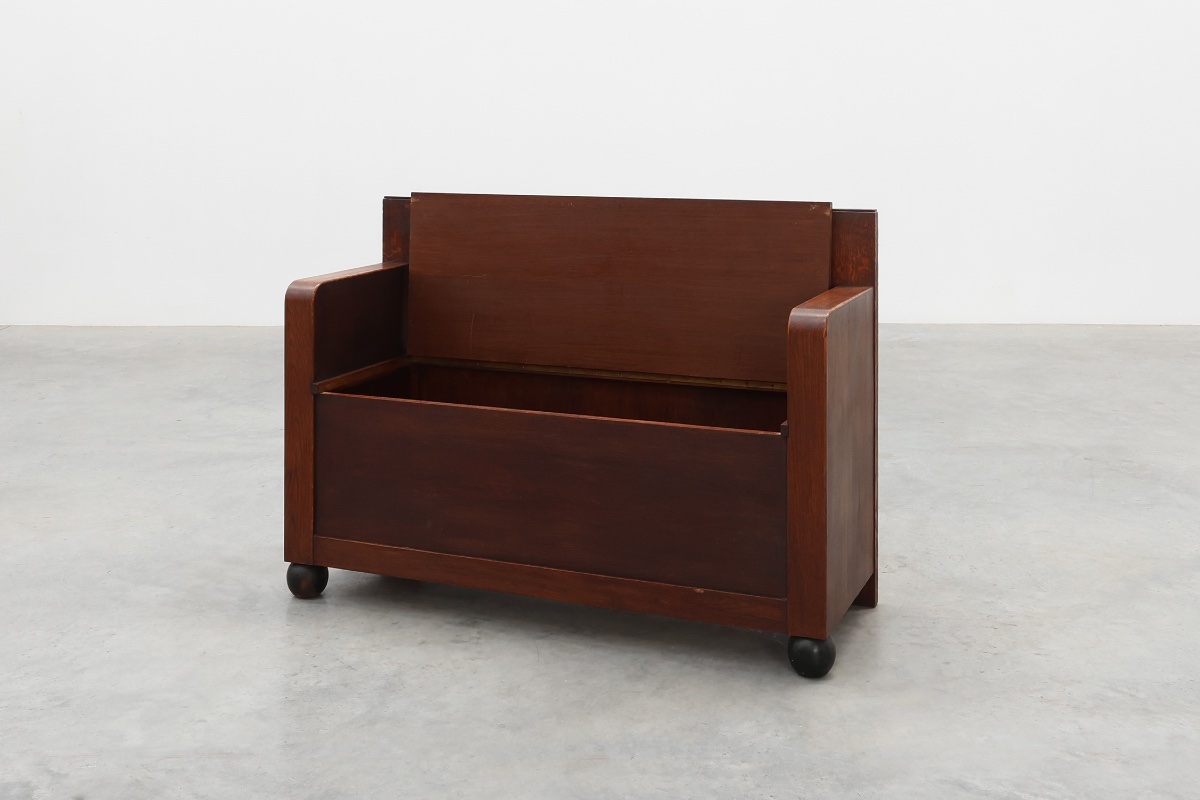 Banc Art Déco moderniste avec assise coffre relevable en chêne massif, Belgique, années 1920-photo-4