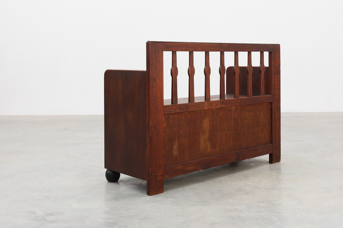 Banc Art Déco moderniste avec assise coffre relevable en chêne massif, Belgique, années 1920-photo-5