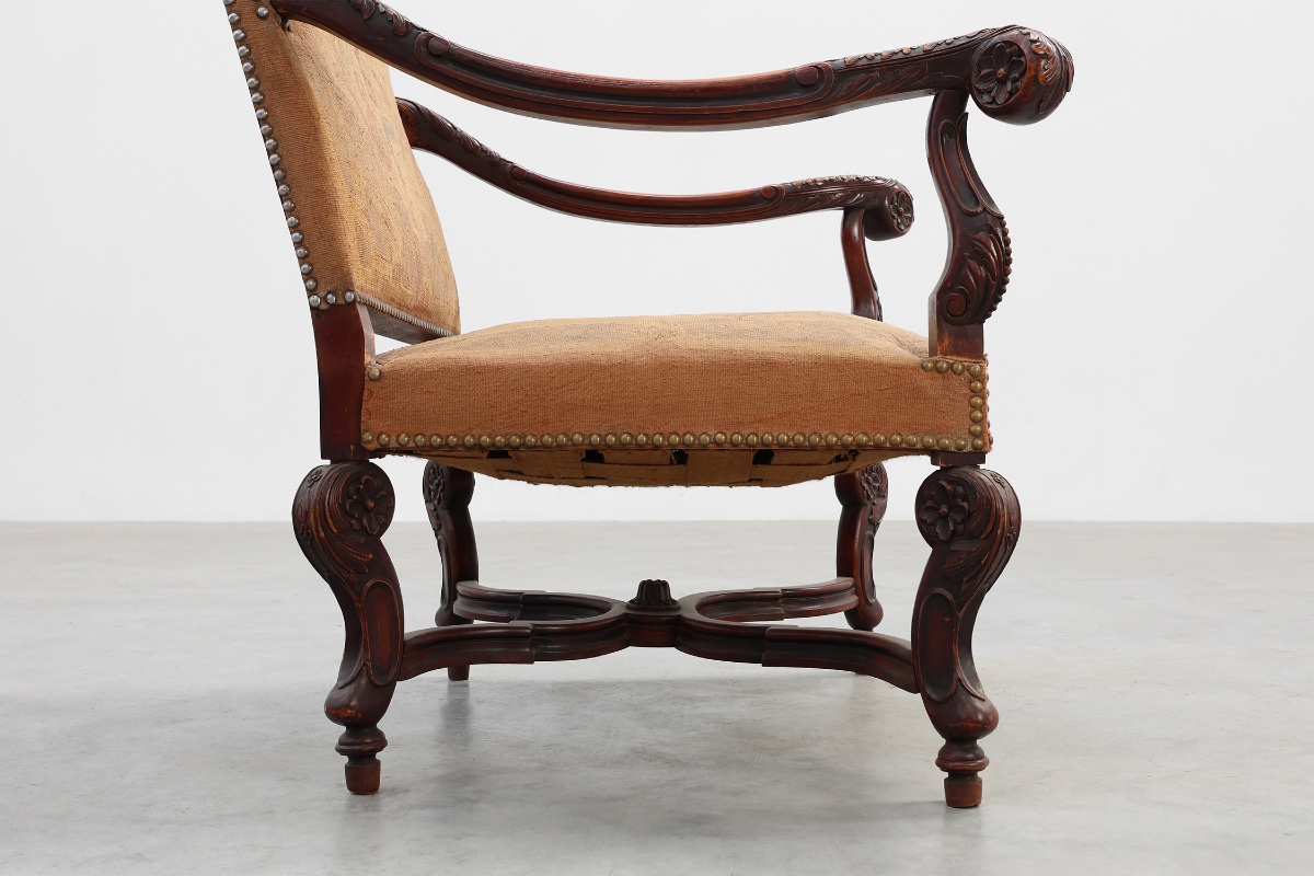 Carved Walnut Armchair, Decorated With Scrollwork And Upholstered, France, Circa 1800-photo-2