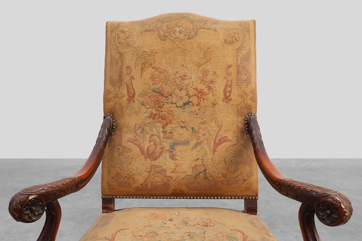 Carved Walnut Armchair, Decorated With Scrollwork And Upholstered, France, Circa 1800-photo-3