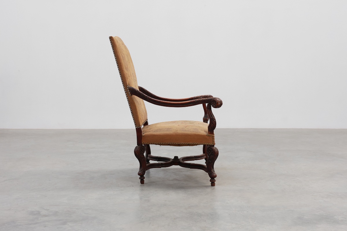 Carved Walnut Armchair, Decorated With Scrollwork And Upholstered, France, Circa 1800-photo-5