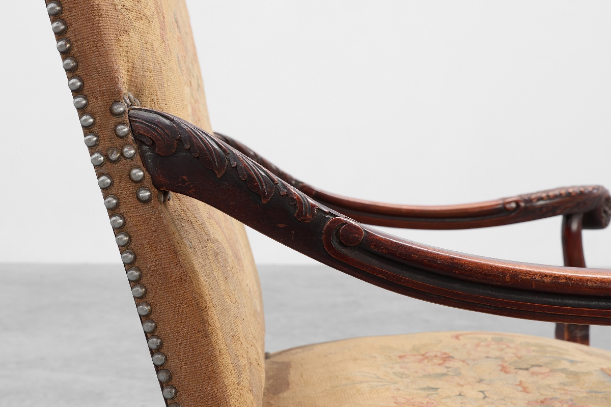 Carved Walnut Armchair, Decorated With Scrollwork And Upholstered, France, Circa 1800-photo-6