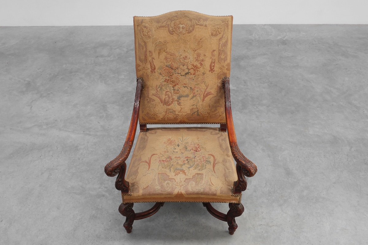 Carved Walnut Armchair, Decorated With Scrollwork And Upholstered, France, Circa 1800-photo-7
