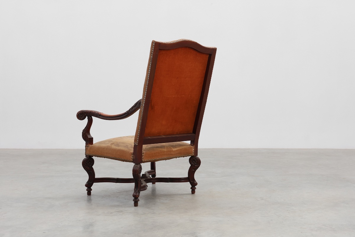 Carved Walnut Armchair, Decorated With Scrollwork And Upholstered, France, Circa 1800-photo-8