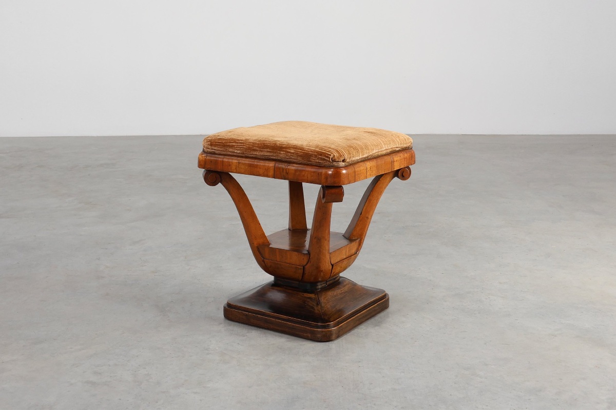 Art Deco Walnut Stool With Fabric, Italy, 1920s-photo-1