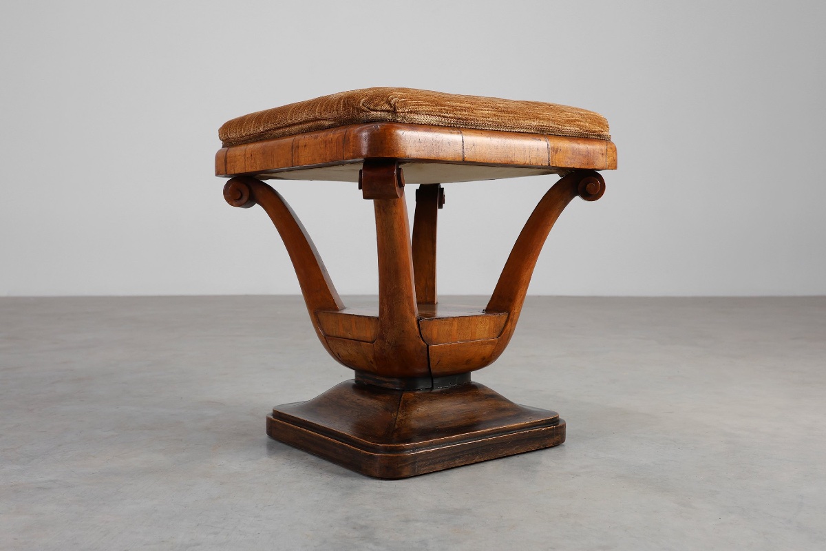Art Deco Walnut Stool With Fabric, Italy, 1920s-photo-2