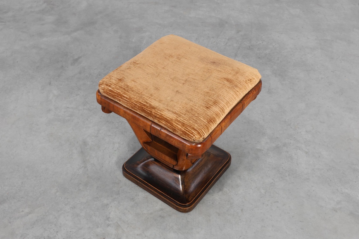 Art Deco Walnut Stool With Fabric, Italy, 1920s-photo-3