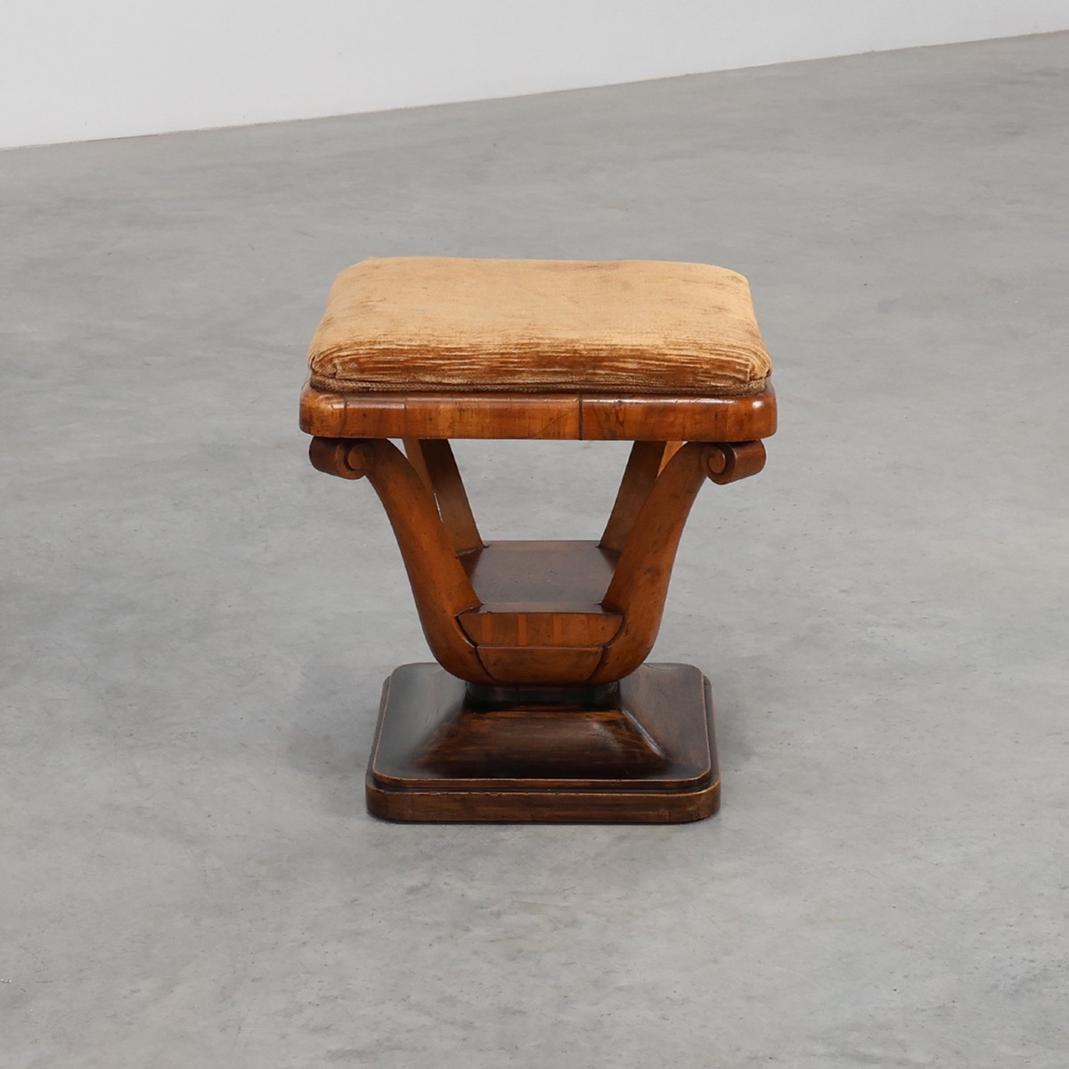 Art Deco Walnut Stool With Fabric, Italy, 1920s