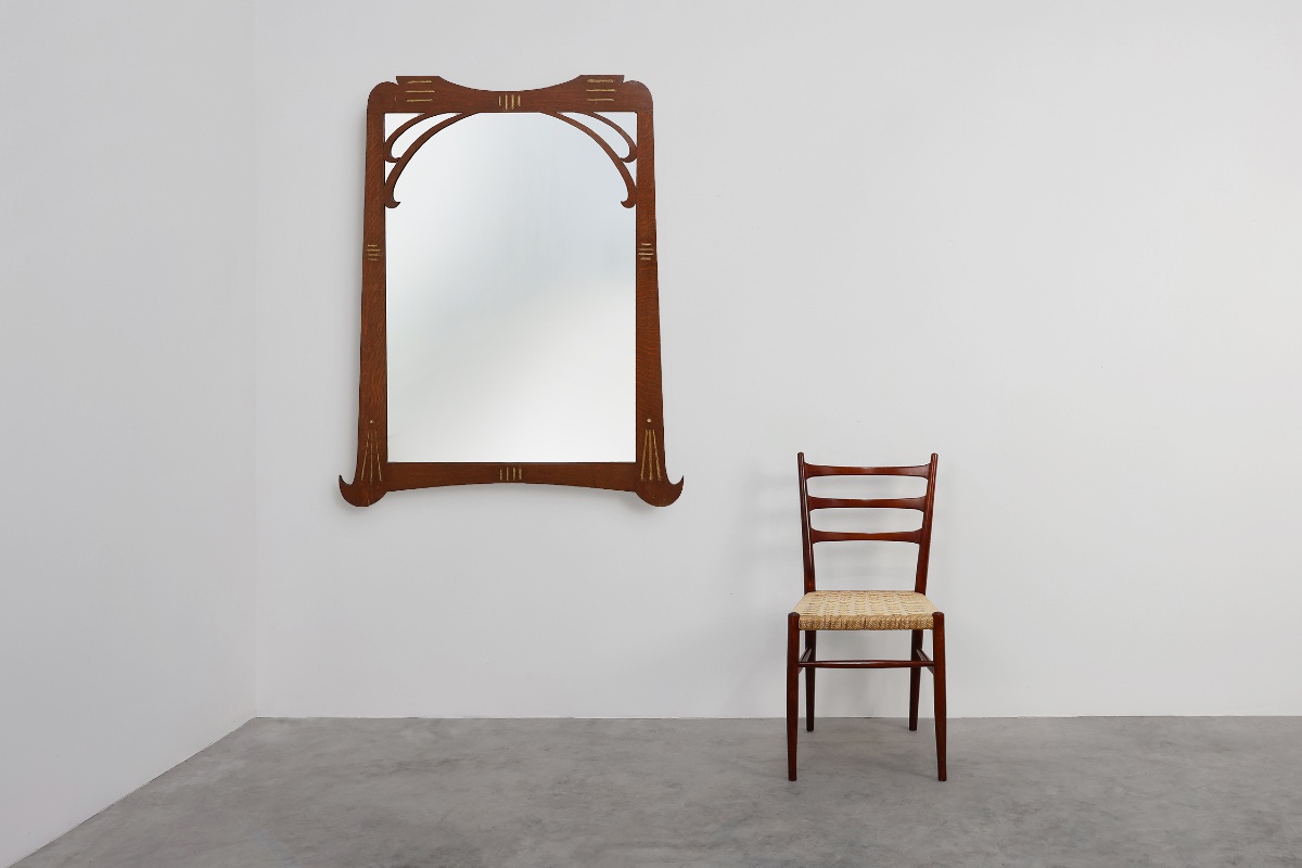 Art Nouveau Mirror In Oak With Gilded Inlay, France Ca. 1915-photo-2