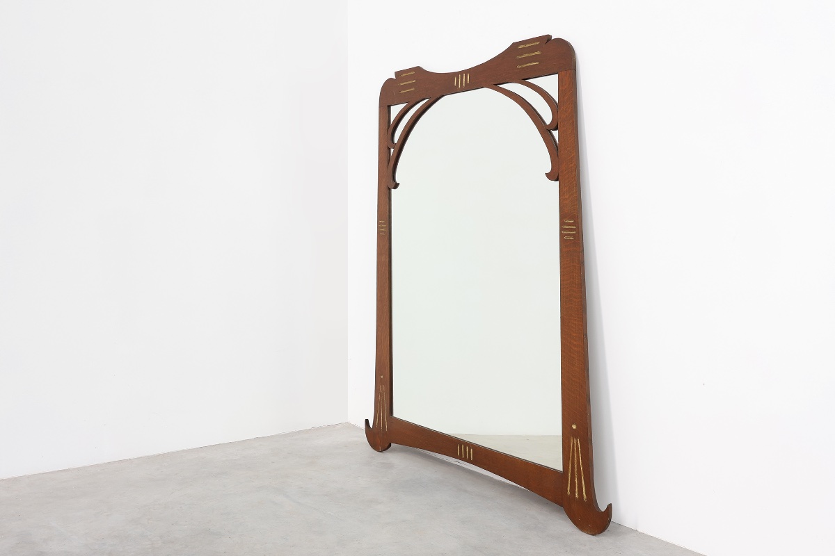 Art Nouveau Mirror In Oak With Gilded Inlay, France Ca. 1915-photo-2