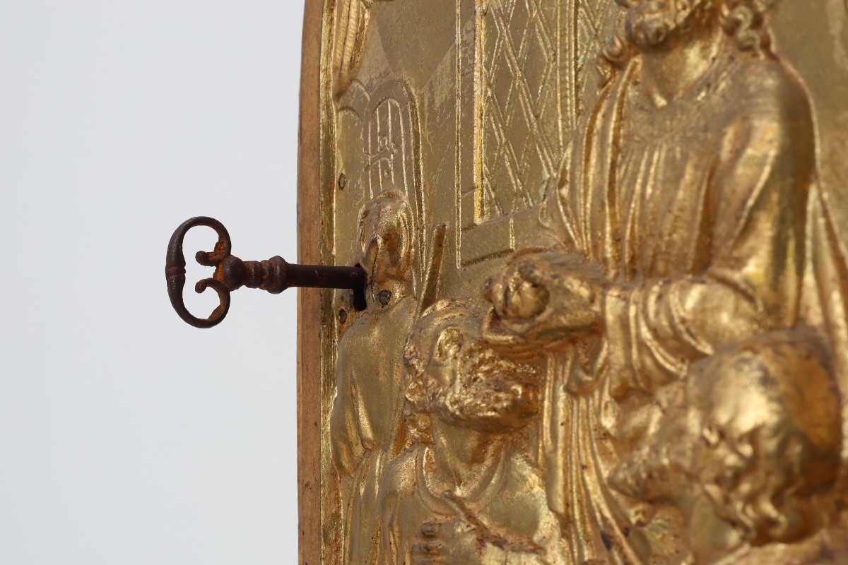 Porte de tabernacle néo-gothique ornée d'une plaque en bronze doré représentant la Cène, France-photo-3