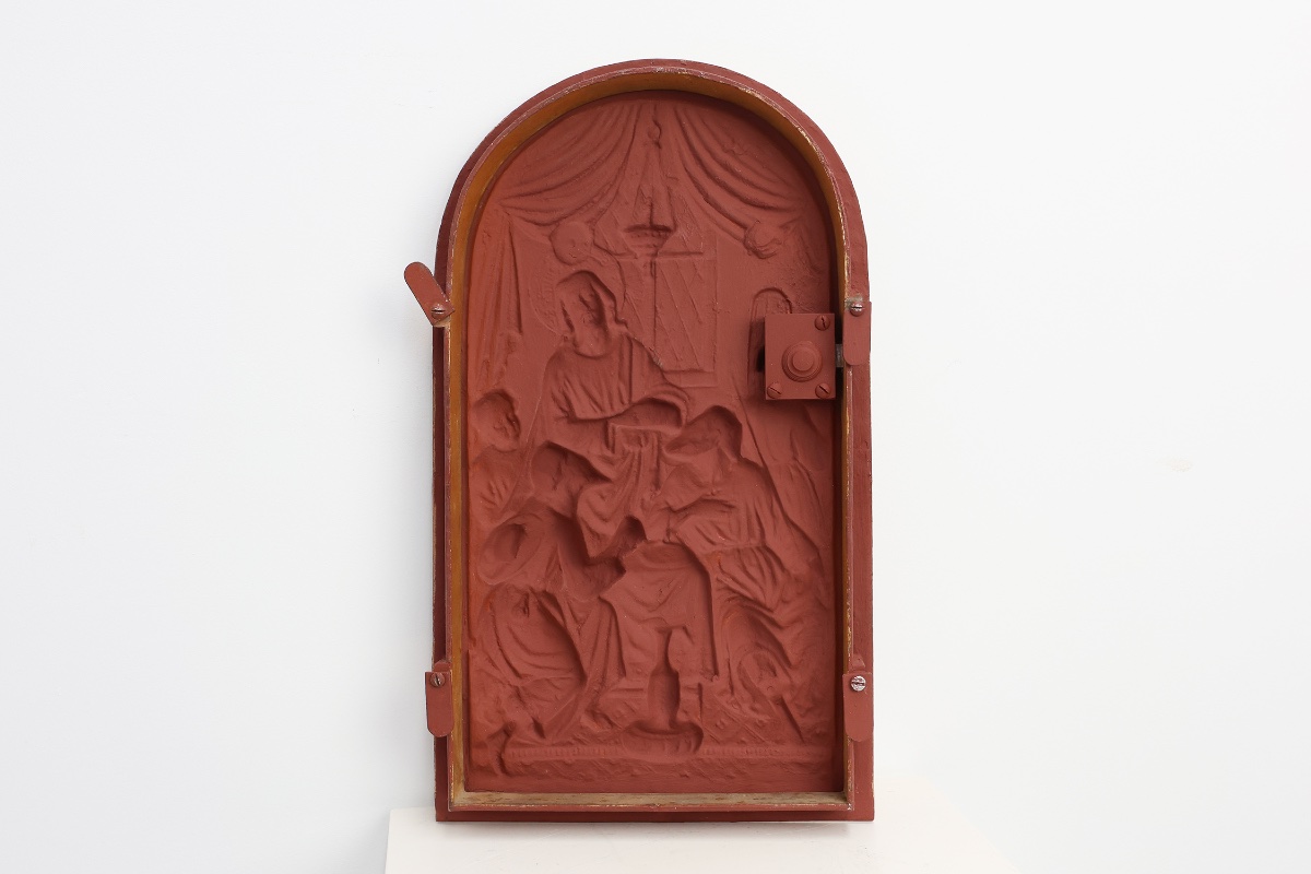 Porte de tabernacle néo-gothique ornée d'une plaque en bronze doré représentant la Cène, France-photo-1
