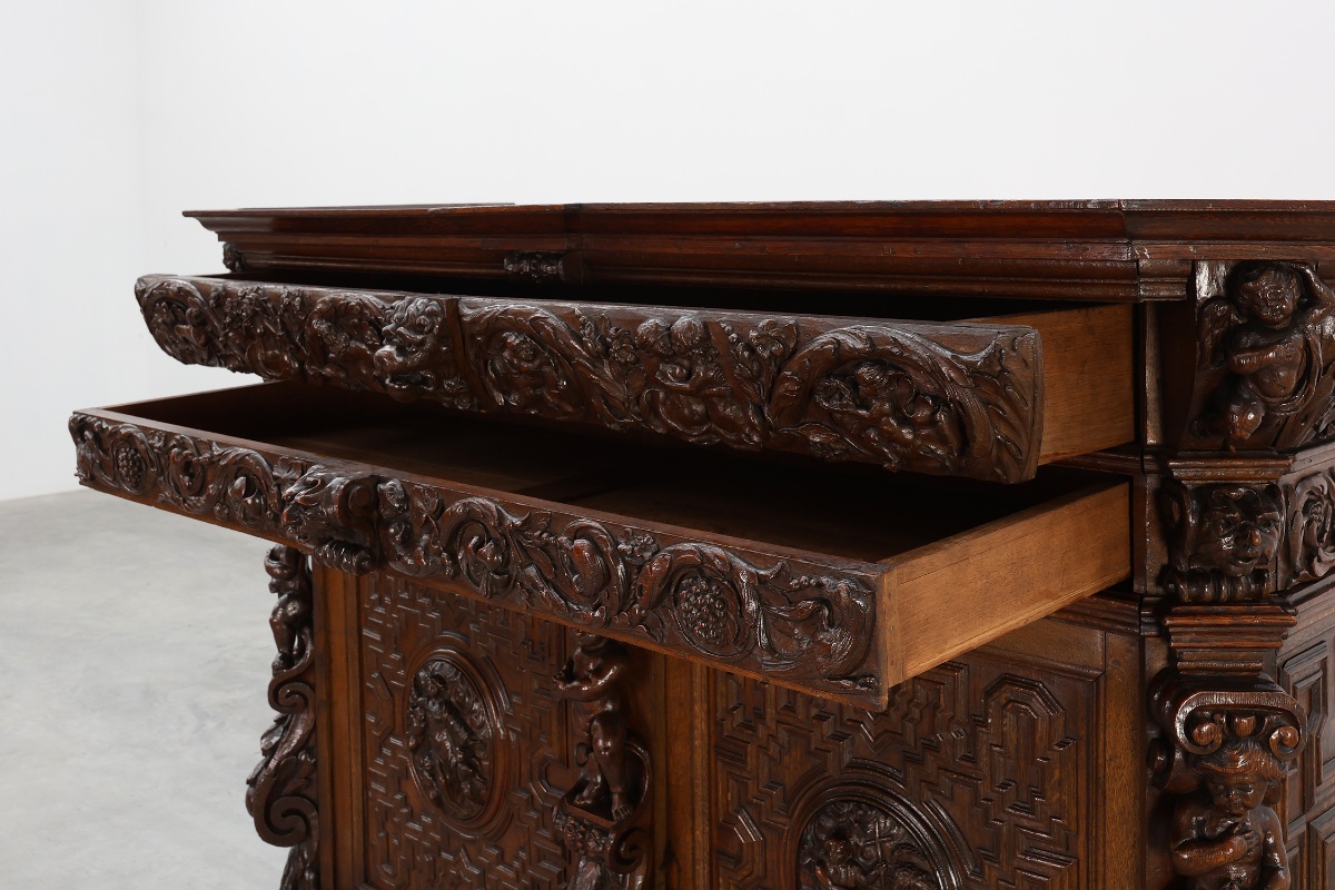Flemish Renaissance "beeldenkast" Cabinet In Oak Wood Antwerp, Ca. 1630-photo-7