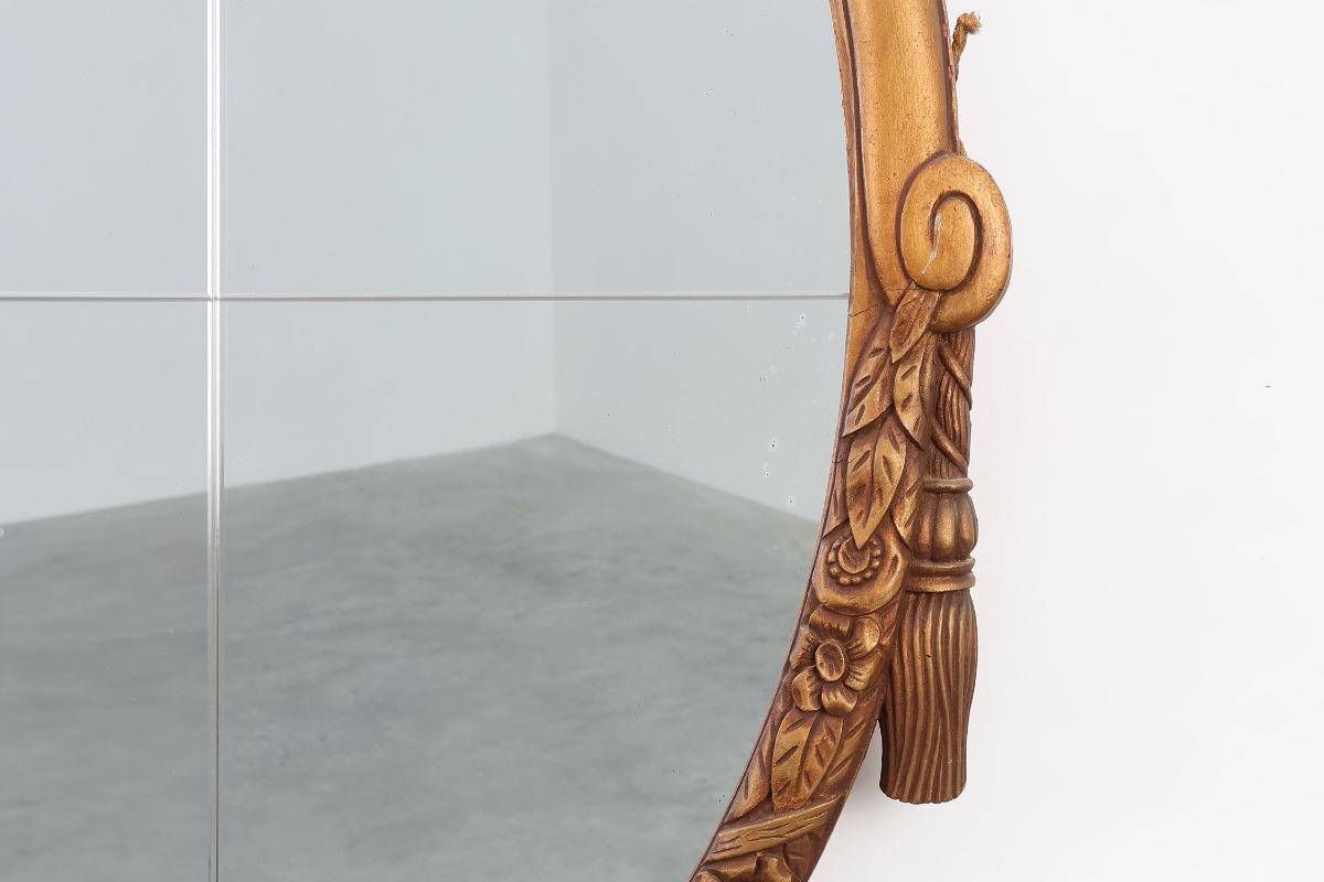 Miroir Art déco ovale français en chêne sculpté et doré, vers 1925-photo-3