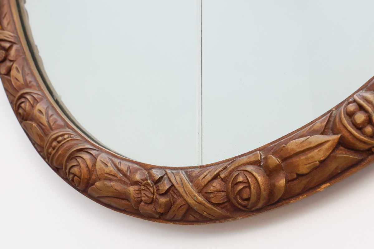 Miroir Art déco ovale français en chêne sculpté et doré, vers 1925-photo-4