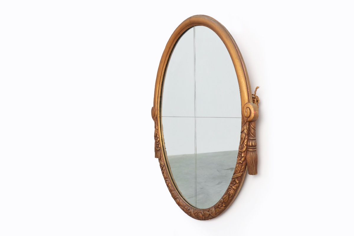 Miroir Art déco ovale français en chêne sculpté et doré, vers 1925-photo-2