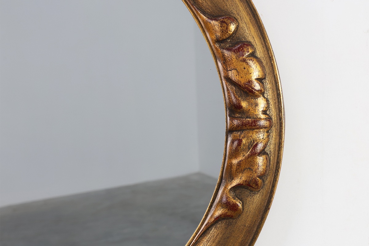 Art Deco Oval Mirror In Gilded Oak, Belgium, 1920s-photo-3