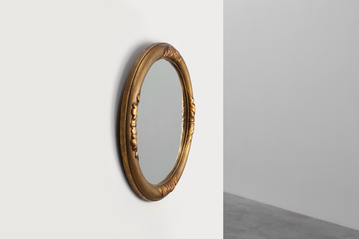 Art Deco Oval Mirror In Gilded Oak, Belgium, 1920s-photo-4