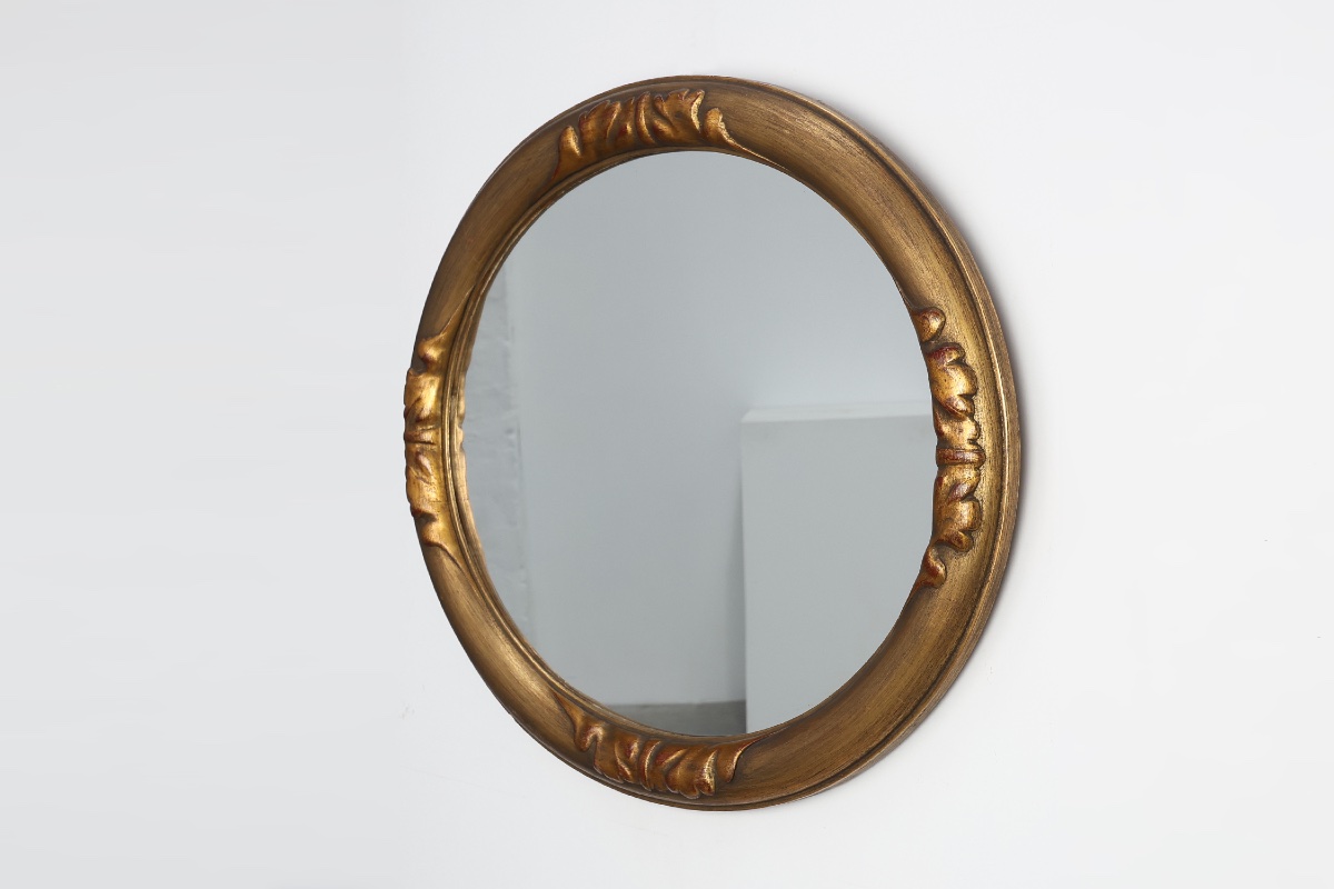Art Deco Oval Mirror In Gilded Oak, Belgium, 1920s-photo-1